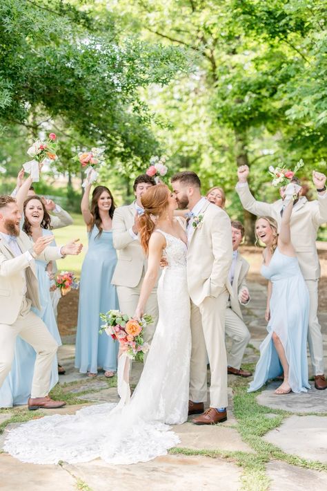 The Barn at Shady Lane Spring Wedding Fun Bridal Party Photos Wedding Party With Tan Suits, June Wedding Bridal Party, Sky Blue Bridesmaids And Groomsmen, Blue Bridesmaid Dresses With Tan Groomsmen, Tan Suit Blue Bridesmaid Dress, Tan Groomsmen Suits With Blue Bridesmaids, Blue Bridesmaids Dresses With Groomsmen, Tan Suit With Dusty Blue Tie, Tan Wedding Suits With Blue