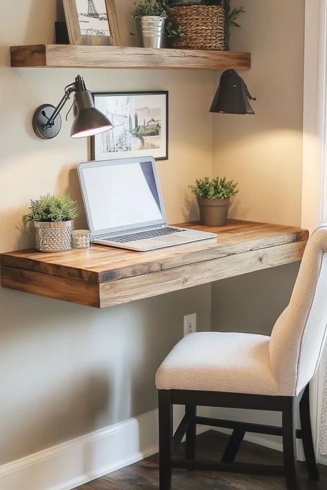 "Transform any corner into a functional workspace with DIY Floating Desks! 🛠️💻 Ideal for adding style and efficiency to your home. 🌿✨ #FloatingDesk #DIYProjects #HomeDecor" Floating Desk Diy, Office Gym Combo, Floating Corner Desk, Diy Floating Desk, Small Bedroom Office, Small Corner Desk, Floating Desks, Diy Corner Desk, Diy Carpentry