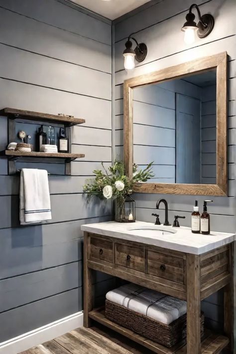 A cozy bathroom with shiplap walls a wooden vanity and nauticalthemed fixtures Coastal Bathroom Design, Lake House Bathroom, Shiplap Bathroom, Coastal Bathroom, Bathroom Luxury, Cabin Bathrooms, Bathroom Farmhouse Style, Cottage Bathroom, Bathroom Redesign