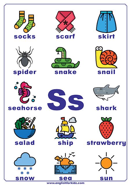 English alphabet poster to learn letter S Phonics Letter S Activities, S Pictures Letter, S Words Preschool, S Letter Words With Pictures, S Word Letter, Letter S Worksheets Kindergarten, S Sound Words, Letter S Kindergarten, Letter S Preschool Activities