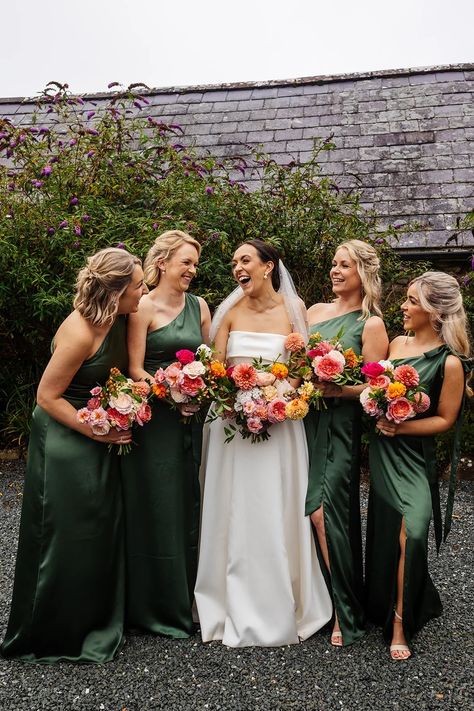 Mixed Green Bridesmaid Dresses, Mismatched Green Bridesmaid Dresses, Natural Wedding Ideas, Bridesmaid Color Scheme, Olive Bridesmaid Dresses, Olive Green Bridesmaid Dresses, Dark Green Bridesmaid Dress, Summer Bridesmaid Dresses, Orange Bridesmaid Dresses