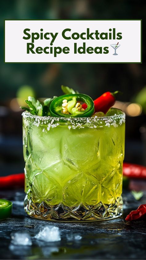 A vibrant jalapeño margarita garnished with fresh chili peppers, showcasing a spicy cocktail recipe idea. Spicy Alcoholic Drinks Recipes, Spicy Martini Recipes, Jalapeno Tequila Cocktails, Spicy Drinks Cocktails, Jalapeño Drinks, Jalapeno Cocktail Recipes, Savory Cocktail Recipes, Spicy Cocktail Recipes, Jalapeno Drink