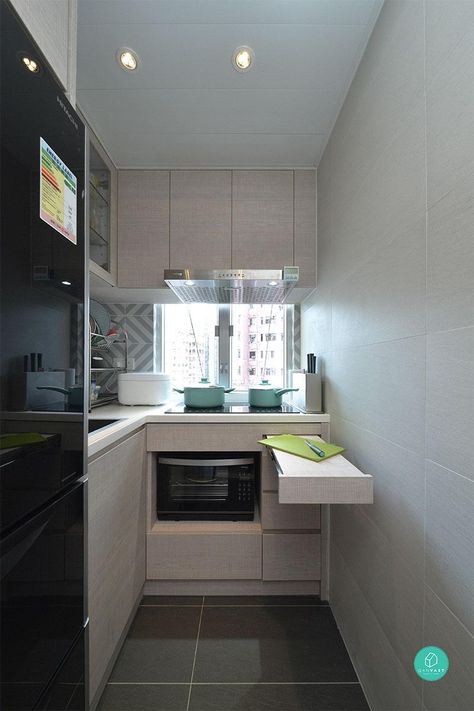 These Micro-Flats (Under 500 sqft) Are Small Space Goals | Qanvast L Shaped Mini Kitchen, Small Kitchen Ideas Malaysia, 2x2 Kitchen Ideas, Hong Kong Interior Design Small Spaces, Tiny Kitchen In Bedroom, Ikea Mini Kitchen Small Spaces, Mini Kitchen Design Small Spaces, 6sqm Kitchen, Small Closed Kitchen Remodel