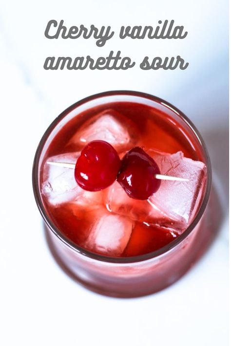 Vanilla vodka and tart cherry juice elevate the classic amaretto sour into one delicious cocktail! Cheerwine Alcohol Drinks, Whiskey And Amaretto Drinks, Amaretto And Pineapple Juice, Amaretto And Dr Pepper, Recipes With Cherry Juice, Vanilla Vodka And Amaretto, Amaretto Simple Syrup Recipe, Drunken Cherries In Amaretto, Almond Liquor Recipes