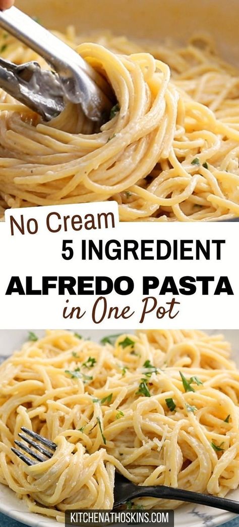 Learn how to make easy one pot alfredo pasta recipe that is made with milk for a for a lighter dish and it makes an easy 20 minute dinner idea. Add cooked chicken or shrimp to add some protein and make it a complete 5 ingredient meal for kids or the family during busy weeknights. Get the one pot pasta with alfredo sauce at kitchenathoskins.com. One Pot Pasta Alfredo Easy Recipes, Alfredo Pasta Crockpot Recipes, One Pot Shrimp Alfredo, What To Make With Alfredo Sauce, Alfredo And Marinara Pasta, One Pot Alfredo Pasta, One Pot Alfredo, Low Calorie Alfredo Sauce, Summer Dishes Recipes