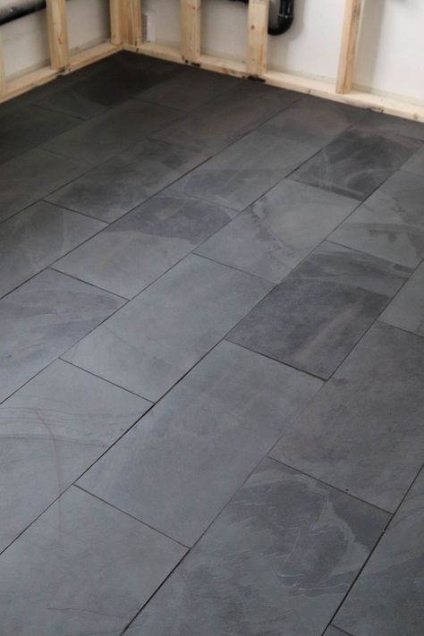 Dark Tile Bedroom Floor, Slate Tile Master Bath, Dark Gray Tile Bathroom Floor, Dark Grey Slate Tile Floor, Black Slate Bathroom Floor Master Bath, Black Tile Brown Grout, Dark Tile Dark Grout, Gray Tile With Dark Grout, Laundry Room With Black Floor