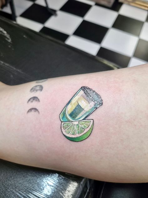 Alcoholic Drink Tattoo, Don Julio Tattoo, Tequila Tattoo Friends, Salt And Lime Tattoo, Tequila And Lime Tattoo, Bartender Tattoo Ideas For Women, Tequila Bottle Tattoo, Drink Tattoo Ideas, Margarita Tattoo Drinks