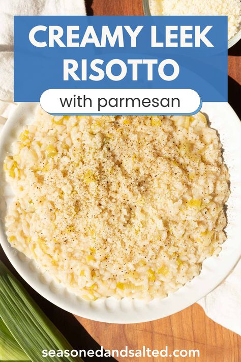 There are few things as luxurious and comforting as a creamy risotto. My homemade risotto recipe with leeks and parmesan is cooked perfectly al dente and has a nice, buttery, creamy consistency. I love to serve this as is, with extra added veggies, or with lemony roast chicken! It's a perfect holiday side dish or comforting vegetarian main dish. Plus, you can fry up leftovers into crispy rice risotto cakes! Recipe With Leeks, Veggie Risotto, Leek Risotto, Cheese Cornbread, Risotto Cakes, Arancini Recipe, Lobster Risotto, Creamy Risotto, Vegetarian Main Dish