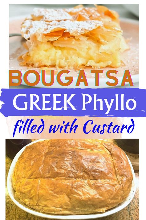 A fabulous Greek dessert, easy to make and so impressive to serve. You don't have to be Greek to love it! #bestbougatsa #easybougatsa #authenticgreekbougatsa #bestgreekbougatsa #easygreekbougatsa #internationalcustarddesserts #bestfilopastrydesserts #easyphyllopastries #greekphyllodesserts #greekcustardandfilodesserts #phylloandcustardpastries #greekfiloandcustardpastries #favoritegreekdesserts #bougatsaforentertaining #bestbougatsaforparties #bestphyllopastrydesserts #easyfilodesserts Bougatsa Recipe Greek Desserts, Greek Bougatsa, Easy Fancy Desserts, Galaktoboureko Recipe, Bougatsa Recipe, Greek Deserts, Greek Dessert, Phyllo Dough Recipes, Phyllo Pastry