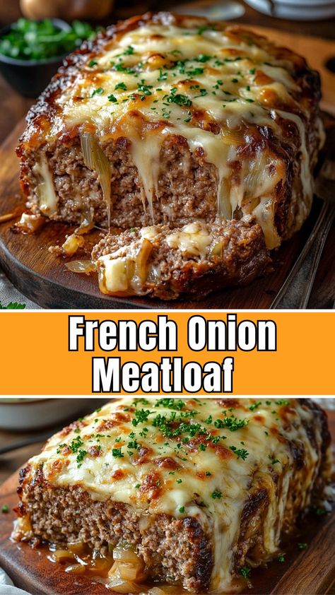 French Onion Meatloaf: A Delicious Twist on a Classic! - Delicious Recipes - Easy Cooking Ideas and Tasty Dishes French Fried Onion Meatloaf, French Onion Meatloaf, Stuffed Meatloaf, Good Meatloaf Recipe, Dish Ideas, Best Meatloaf, Hamburger Meat, Kale Chips, Gooey Cheese