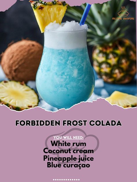 🍹✨ Indulge in the forbidden flavors of Forbidden Fantasy Colada! A tropical escape in every sip! 🍍🥥 #TropicalEscape #ForbiddenFantasyColada Forbidden Fantasy Colada Ingredients: Light rum (1 oz) Coconut cream (1 oz) Pineapple juice (1 oz) Blue curaçao (1/2 oz) Ice Pineapple slice & cherry (for garnish) Instructions: Fill a blender with ice. Add light rum, coconut cream, pineapple juice, and blue curaçao. Blend until smooth. Pour into a glass and garnish with a pineapple slice and cherry. ... Tropical Pina Colada, Christmas Pina Colada, Alcoholic Milkshake, Bar Rescue, Pina Colada Recipe, Alcohol Beverages, Christmas Punch Recipes, Space Food, Yummy Alcoholic Drinks