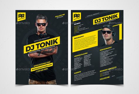 ProDJ - DJ Press Kit / Rider / Resume PSD Template Preview - GraphicRiver Dj Press Kit, Dj Template, Press Kit Design, Press Kit Template, Press Kits, Harmony Day, April Fools Pranks, Japanese Poster Design, Small Business Cards