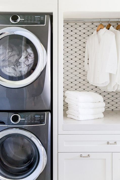 Room 101 : Laundry Room - Room for Tuesday Blog Laundry Room Stackable, White Laundry Room, Washer Dryer Laundry Room, Stackable Laundry, Grey Laundry Rooms, Stacked Laundry Room, Laundry Room Storage Shelves, Small Laundry Room Organization, Room Storage Diy