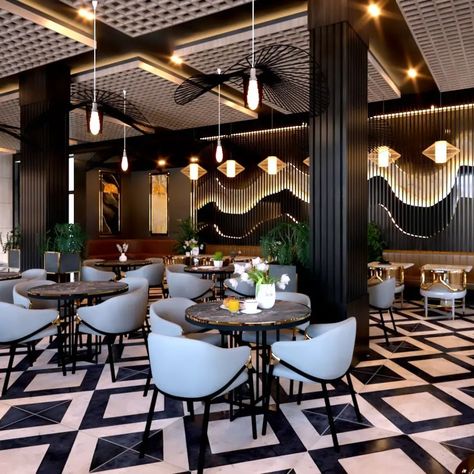 Cafeteria Design Ideas Interiors, Classical Restaurant Interior, Modern Bistro Interior Design, Luxurious Restaurant Interior, Black And White Restaurant Interior, Restaurant Interior Design Modern Ideas, Ceiling Design For Restaurant, Classic Cafe Interior, Luxury Restaurant Interior Design Modern