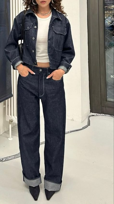 Body Flattering Outfits, Fall Denim Outfits 2024, Denim Top Outfit Fall, Dark Denim On Denim Outfit, Gh Bass Loafers Women Outfit, Denim On Denim Outfits For Women, Feminine Masculine Style, Dark Denim Outfit, How To Have Style