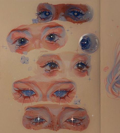 Beautiful Eye Drawing Sketches, Eye Cute Drawing, Drawing Studies Sketches Art Sketchbook, How To Draw Beautiful Eyes, Gouache Painting Practice, Makeup Painting Art, Dreamy Eyes Drawing, Art And Design Aesthetics, Tanjiro X Everyone