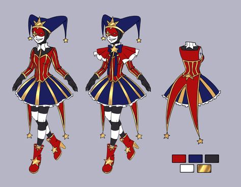 Harlequin Jester Costume, Jester Shoes Drawing, Clown Outfit Pattern, Clown Oc Outfit Ideas, Clown Villain Oc, Clown Costume Drawing, Cute Clown Outfit Aesthetic, Cute Jester Outfit, Circus Outfit Drawing