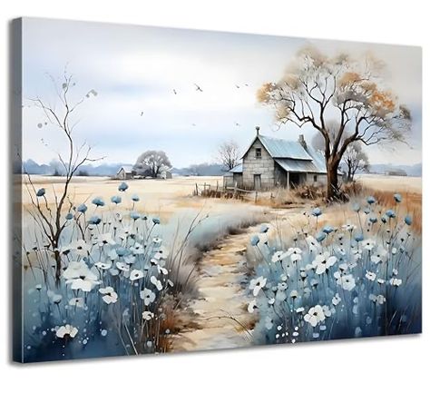 Poster For Bathroom, Beautiful Field, Farmhouse Canvas, Field Painting, Scenery Pictures, Nature Scenery, Landscape Canvas Art, Rustic Cottage, French Countryside