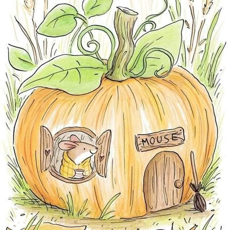 Drawing Idea Cute, Cute Autumn Drawings, Pumpkin House Drawing, Cute Fall Drawings, Knitting Cartoon, Fall Drawing Ideas, Autumn Drawing, Whimsical Drawings, Fall Illustration