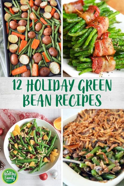 Green bean casserole is a go-to holiday dish, but there are lots of ways to enjoy green beans. Try one of these tasty green bean recipes this holiday season! Christmas Side Dishes Green Beans, Green Bean Recipes Christmas, Christmas Green Side Dishes, Healthy Green Beans Casserole, Christmas Dinner Green Beans, Festive Green Beans, Green Bean Christmas Recipe, Green Bean Dishes For Thanksgiving, Fancy Green Beans Holidays