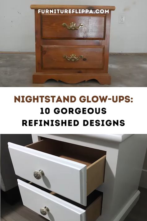 Take your bedroom décor to the next level with these 10 amazing refinished nightstand ideas! Get inspired by creative techniques like chalk paint, stencils, and weathered wood finishes. You won’t believe how easy it is to make over your old nightstand. Traditional Style Nightstand, Wooden Nightstand Makeover, How To Add Legs To A Night Stand, Coastal Night Stands, Brown Painted Nightstand, Before And After Night Stands, How To Refinish Nightstand, Refinish Bedside Table, Small Nightstand Makeover