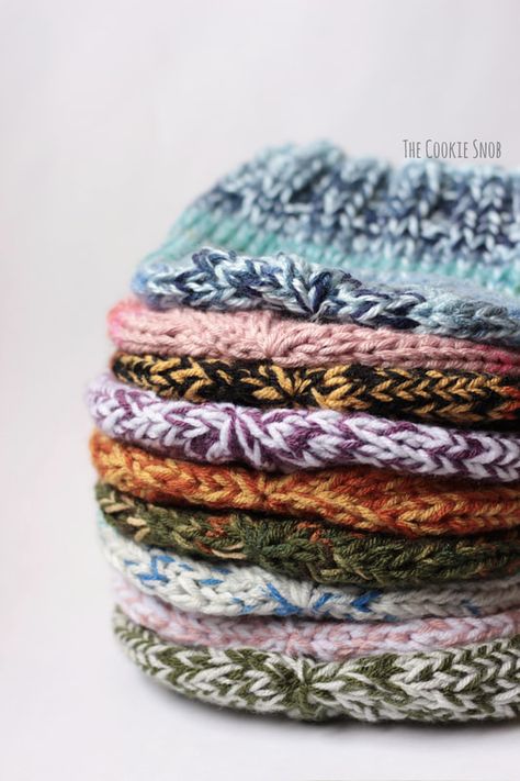 Stash Buster Beanie - The Cookie Snob Yarn Buster Crochet, Crochet Stash Buster Projects, Crochet Scrap Yarn Projects, Stash Buster Crochet, Knitted Hat Patterns, Easy Knit Hat, Forest Dress, Knit Beanie Pattern, Knitting Patterns Free Scarf