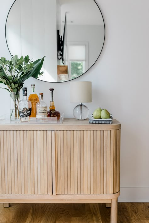 Bar On Sideboard, Sideboard Buffet Bar, Bar Buffet Styling, Bar Cabinet Inspiration, Credenza Bar Styling, Styled Bar Cabinet, Top Of Bar Cabinet Decor, Buffet Cabinet Bar Ideas, Bar Styling Ideas Buffet