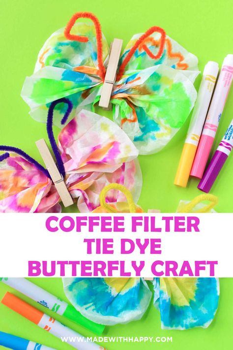 Easy Tie Dye Coffee Filter Butterfly Craft For Kids Spring Activities For Preschoolers, Butterfly Craft For Kids, Easy Tie Dye, Butterfly Craft, Coffee Filter Crafts, Name Crafts, Tie Dye Crafts, How To Tie Dye, Spring Crafts For Kids