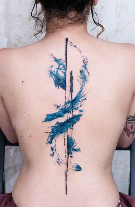 Tattoo Of Water, Spinal Tattoo Ideas Female, Spine Art Tattoo, Best Spine Tattoos For Women, Elements Spine Tattoo, Viking Spine Tattoos For Women, Back Abstract Tattoo, Galaxy Spine Tattoo, Spine Tattoos For Women Unique Simple