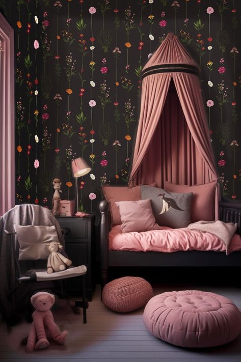 Dark Wallpaper Nursery, Dark Green And Pink Nursery, Dark Woodland Nursery, Dark Nursery Ideas Girl, Dark Kids Bedroom, Dark Purple Nursery, Dark Moody Nursery, Moody Kids Room, Dark Baby Room