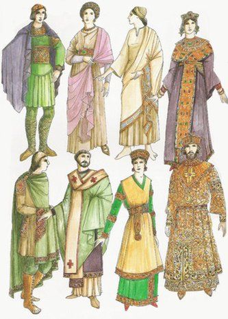 The clothes of the Byzantine became a luxurious, rigid dress, which covered the body and veiled it’s forms.  The ruling layer of the society liked silk materials and brocade, which were richly embroidered with precious metals and pearls. Byzantine Fashion Men, Byzantine Clothing, Pearls Colors, Byzantine Fashion, Men Pictures, Eastern Roman, Early Middle Ages, Byzantine Empire, History Fashion