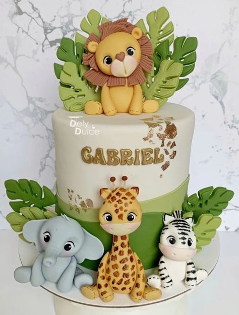 Jungle Theme Fondant Cake, Wild One Safari First Birthday Cake, 2 Year Bday Cake, 1st Birthday Cake Jungle Theme, Jungle Theme 1st Birthday Party Cake, Jungle Theme Cakes 1st Birthday, Wild Animals Cake Ideas, 1st Birthday Cake Animals, Jungle Bday Cake