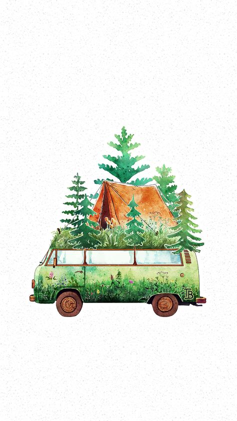 Van Life Painting, Wildflower Drawings, Small Wall Painting, Camper Wallpaper, Diy Sketch, Boho Graphic Design, Van Drawing, Camping Logo, Wildflower Drawing