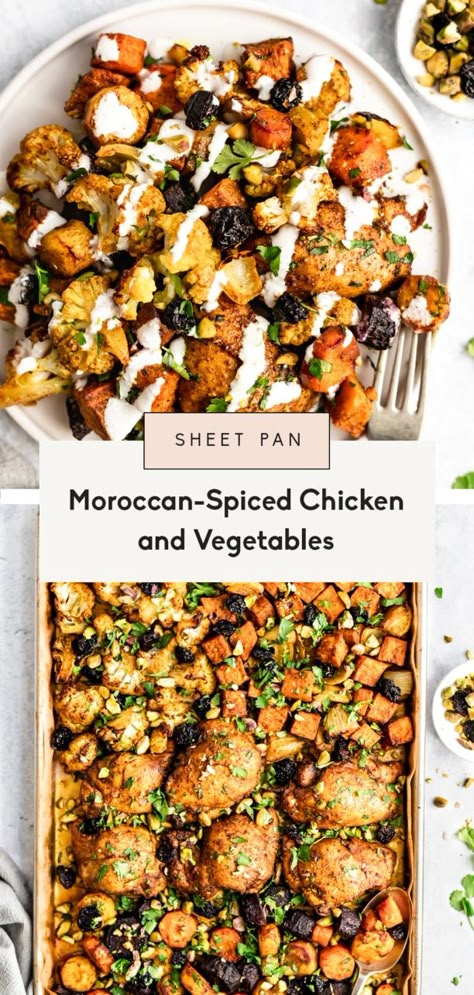 Healthy & Easy Sheet Pan Moroccan Chicken | Ambitious Kitchen Sheet Pan Chicken Recipe, Chicken With Sweet Potatoes, Moroccan Chicken Recipe, Sheet Pan Meals Chicken, Pan Chicken Recipes, Moroccan Recipes, Moroccan Dishes, Sheet Pan Dinners Recipes, Moroccan Chicken