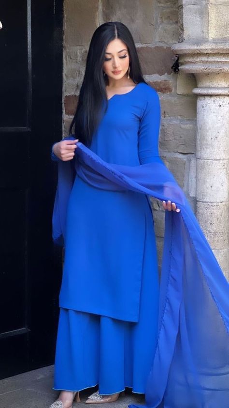 Suit With Plazo, Plain Indian Suits, Royal Blue Suits Women Indian, Gorget Kurti, Gorget Dress Design, Long Kurti With Plazo, Kurti Anarkali, Simple Dress Casual, Royal Blue Suit