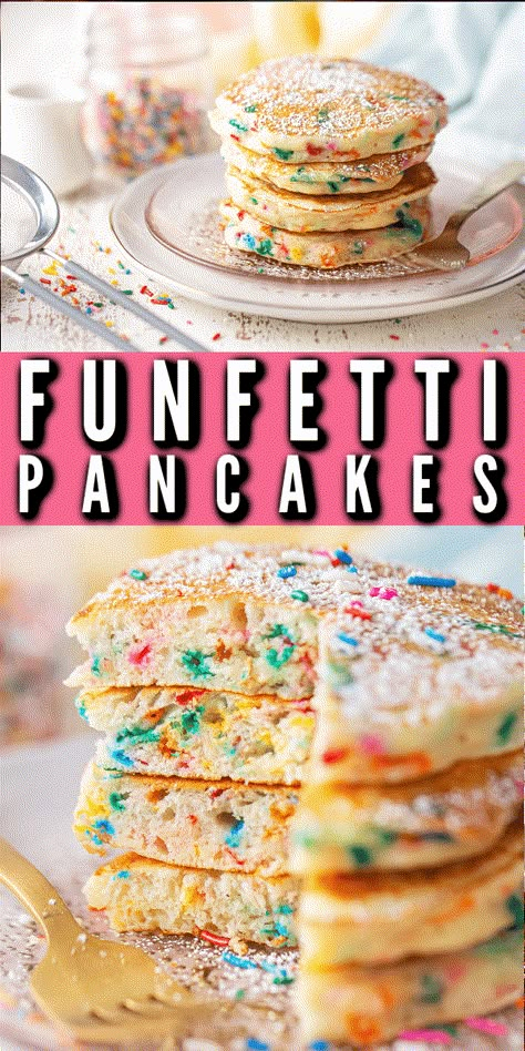 My kids go crazy when I make them these! Funfetti pancakes: they come out so fluffy and soft, with the most delicious vanilla-almond flavor and plenty of colorful sprinkles. So fun! Kids Birthday Breakfast, Funfetti Pancakes, Fun Pancakes, Birthday Pancakes, Rainbow Pancakes, Kids Pancakes, Flavored Pancakes, Meal Breakfast, Cookie Crisp