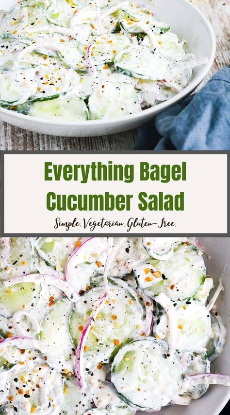 This simple everything bagel cucumber salad takes a favorite summer salad to the next level with the addition of a favorite seasoning mix including sesame and poppy seeds, garlic, onion, and salt. Naturally vegetarian and gluten-free. #cucumbersalad #summersalad #creamycucumbersalad #cucumberandonionsalad #bbqsidedish Cucumber Bagel, Everything Bagel Salad, Everything Bagel Cucumber, Bagel Salad, Bagel Cucumber, Cucumber Recipes, Think Food, Salad Side Dishes, Everything Bagel