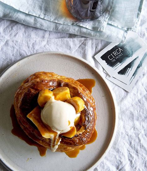 Caramelised banana vol-au-vents with salted caramel and vanilla ice-cream :: Gourmet Traveller Banana Pastry, Salty Sweet Desserts, Caramelised Banana, Salty Caramel, Vanilla Ice Cream Recipe, Cream Tart, The Great British Bake Off, Caramelized Bananas, Banana Dessert