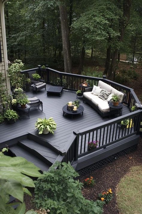 Choose eco-friendly decking materials for your backyard. Discover sustainable options like composite wood and recycled plastic that are durable and earth-friendly. 🌳🛠️ #EcoFriendlyDecking #SustainableOutdoorLiving #GreenDesign Deck Before And After, Maximalist Backyard, Backyard Styles, Green Deck, Black Patio Furniture, Black Pergola, Decking Options, Deck Plan, Black Deck