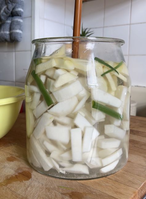 Dongchimi (Korean Water Radish Kimchi) — Yooeating White Kimchi, Radish Kimchi Recipe, Daikon Radish Kimchi Recipe, White Radish Kimchi, Korean Pickled Radish, Radish Water Kimchi, Radish Kimchi, Buckwheat Noodles, Cold Noodles