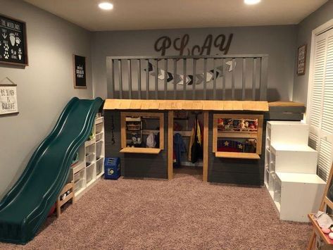 Loft Space Playroom, Top Bunk Play Space, Playroom For Preschoolers, Indoor Play Areas Diy, Playroom Ideas With Slide, Loft Fort Ideas, Diy Playroom Loft With Slide, Toyroom Ideas Boys, Small Loft Playroom