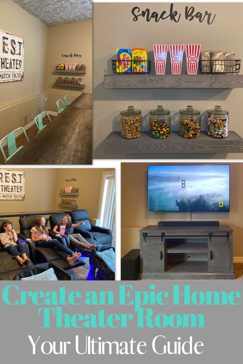 How to create an epic home theater room.  We did a full basement makeover and I will show you how to create a DIY modern, stylish movie theater room.  All the best seating, signs, décor, movie posters & more. #movietheaterroom Movie Signs Diy Home Theaters, Movie And Game Room Ideas, Home Cinema Room Diy, Theater Room Decor Ideas, Small Movie Theater Room Ideas, Media Room Decor Ideas, Mini Theater Room Design, Movie Room Decor Ideas, Home Movie Room Ideas