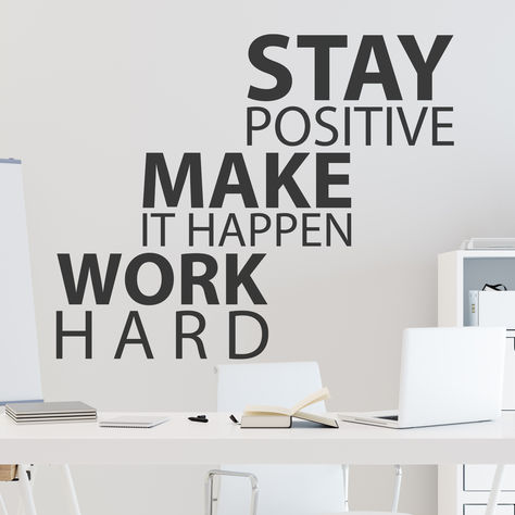 Elevate your home with the motivational wall decal Stay Positive, Work Hard, Make It Happen. Perfect for home offices, living rooms, or bedrooms, this inspirational quote wall art encourages a determined and optimistic mindset. Enhance your home decor with this stylish and meaningful wall decal, designed to inspire perseverance and success Stay Positive Work Hard Make It Happen, Office Quotes Motivational, Gym Words, Optimistic Mindset, Motivational Office Decor, Wall Decor For Office, Inspirational Wall Decals, Wall Art Vinyl, Inspirational Quote Wall