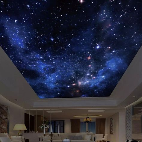 Night Sky Bedroom Ceiling Stars, Starry Sky Painted Ceiling, Night Sky Ceiling Wallpaper, Galaxy False Ceiling, Night Sky Wallpaper On Ceiling, Night Sky Lighting, Night Sky Wallpaper Bedroom, Starry Sky Bedroom Ceiling, False Ceiling Stars Design