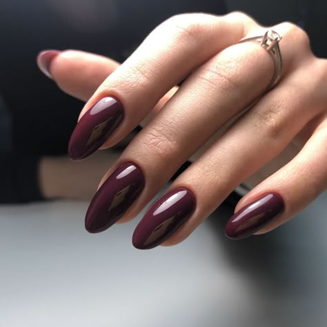 Almond Plum Nails, Almond Wine Nails, Plum Almond Nails, Dark Oval Nails, Wine Almond Nails, Maroon Almond Nails, Dark Nail Colors, Maroon Acrylic Nails, Round Nail Designs