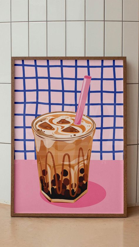 food drinks poster, room decor, coffee milk tea prints, caffeine decoration, grid checkered pattern, dining room interior, pearls drink, iced coffee recipe, coffeebar sign, coffee corner decors, diy prints, printable digital download art illustrator, graphic design Iced Coffee Poster Design, Illustration Art Print, Coffee Corner Painting, Coffee Art Poster, Coffee Pop Art, Digital Art Pattern, Coffee Prints Art, Iced Coffee Painting, Iced Coffee Drawing