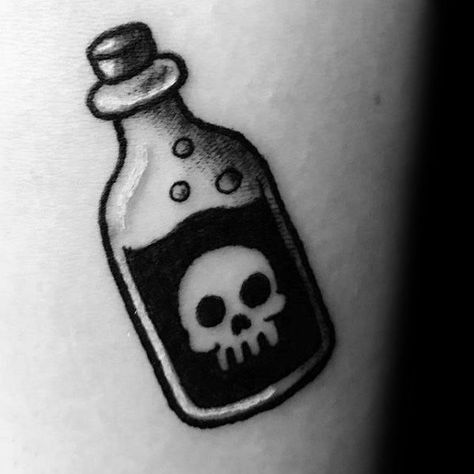 Small Simple Manly Poison Bottle Tattoo Design Ideas For Men Poison Bottle Tattoo, Simple Tats, Friday The 13th Tattoo, Tatuagem Masculina Pequena, Poison Bottle, Simple Tattoos For Guys, Petit Tattoo, 13 Tattoos, Bottle Tattoo