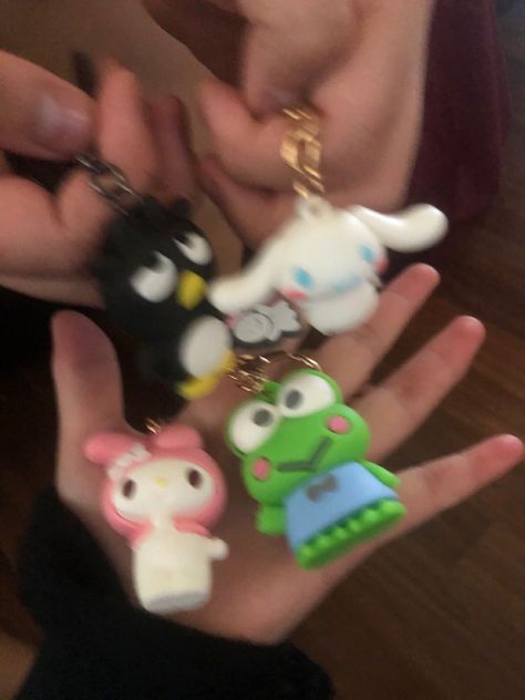 2 hands are in the picture. One hand in the top left is holding 2 keychains. One is a black angry duck and the other is a white bunny with floppy ears and cute blue eyes. On the other hand that is in the bottom of the photo, the palm is facing up towards the camera. One of the keychains in that hand is a bunny with pointed ears and a pink hat, and the other keychain is a green frog. The keychains are from the SANRIO brand! Key Chains, Keychains, Key