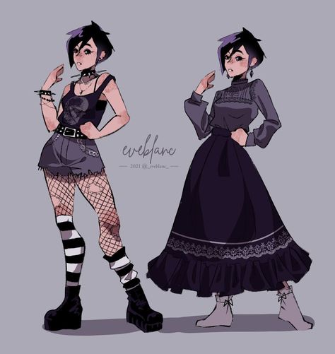 Goth Clothes Drawing Reference, Goth Punk Outfits Female, Vampire Female Outfit, Goth Witch Character Design, Punk Outfit Drawing, Witch Goth Outfits, Goth Outfits Drawing, Goth Girl Character Design, Goth Character Art