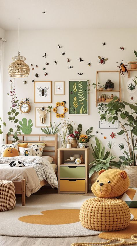 Boho Bedroom Ideas for Kids Earthy Toddler Room, Nature Themed Kids Bedroom, Animal Room Ideas For Kids, Kids Room Forest Theme, Where The Wild Things Are Bedroom, Bug Themed Bedroom, Woodland Themed Room, Kids Forest Room, Forest Theme Kids Room